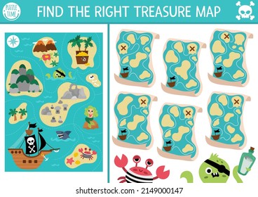 Find the right treasure map. Treasure island matching activity for children. Sea adventures educational quiz worksheet for kids for attention skills. Simple printable game with cute plans
