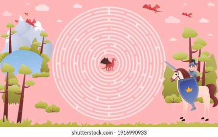 Find right way logical riddle for kids, knight with sword and evil dragon, fairy tale characters concept, labyrinth for kids in cartoon style for printable worksheets or children books