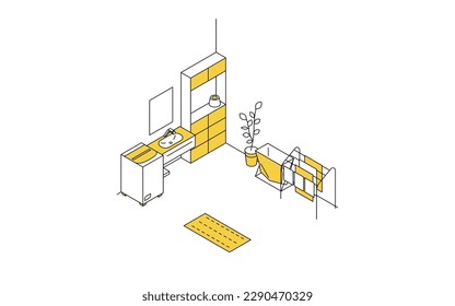 Find a room for rent: Laundry room, washing machine and sink simple isometric, Vector Illustration