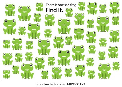 Find sad frog, education puzzle game for children, preschool worksheet activity for kids, task for the development of logical thinking and mind, vector illustration