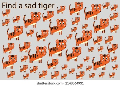 Find a sad tiger among the others. Children's educational game.