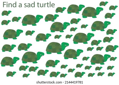 Encuentra una tortuga triste entre los demás. Juego educativo infantil.