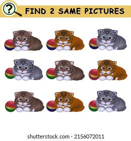 Find same cats with balls. Educational logical game for children. Colorful vector illustration.