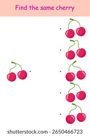 Find the same cherry. Vector illustration on a white background for children's entertainment, activity book, worksheet.