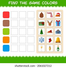 Finden Sie die gleichen Farben von Weihnachten. Suche und Matching-Spiel. Erziehungsspiel für Kinder und Kleinkinder im Vorschulalter