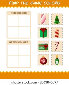 Finden Sie die gleichen Farben von Weihnachten. Suche und Matching-Spiel. Erziehungsspiel für Kinder und Kleinkinder im Vorschulalter
