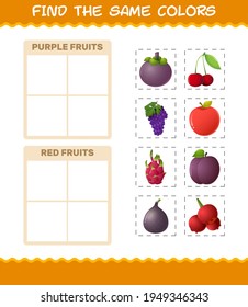 Find the same colors of fruits. Searching and Matching game. Educational game for pre shool years kids and toddlers