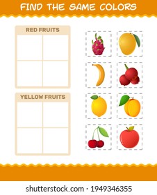 Find the same colors of fruits. Searching and Matching game. Educational game for pre shool years kids and toddlers