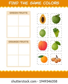 Find the same colors of fruits. Searching and Matching game. Educational game for pre shool years kids and toddlers