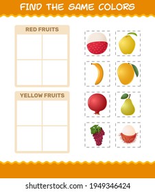 Find the same colors of fruits. Searching and Matching game. Educational game for pre shool years kids and toddlers
