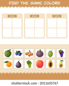 Find the same colors of fruits. Searching and Matching game. Educational game for pre shool years kids and toddlers