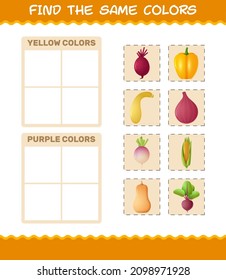 Find the same colors of vegetables. Searching and Matching game. Educational game for pre shool years kids and toddlers