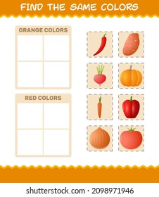 Find the same colors of vegetables. Searching and Matching game. Educational game for pre shool years kids and toddlers