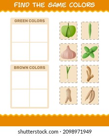 Find the same colors of vegetables. Searching and Matching game. Educational game for pre shool years kids and toddlers