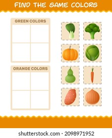 Find the same colors of vegetables. Searching and Matching game. Educational game for pre shool years kids and toddlers