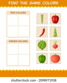 Find the same colors of vegetables. Searching and Matching game. Educational game for pre shool years kids and toddlers