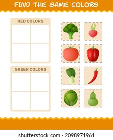 Find the same colors of vegetables. Searching and Matching game. Educational game for pre shool years kids and toddlers