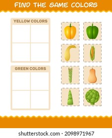 Find the same colors of vegetables. Searching and Matching game. Educational game for pre shool years kids and toddlers