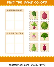 Find the same colors of vegetables. Searching and Matching game. Educational game for pre shool years kids and toddlers