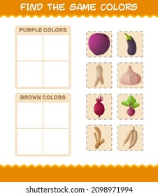 Find the same colors of vegetables. Searching and Matching game. Educational game for pre shool years kids and toddlers
