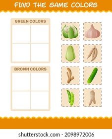 Find the same colors of vegetables. Searching and Matching game. Educational game for pre shool years kids and toddlers