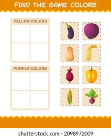 Find the same colors of vegetables. Searching and Matching game. Educational game for pre shool years kids and toddlers