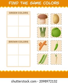 Find the same colors of vegetables. Searching and Matching game. Educational game for pre shool years kids and toddlers