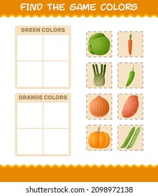 Find the same colors of vegetables. Searching and Matching game. Educational game for pre shool years kids and toddlers