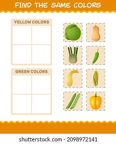 Find the same colors of vegetables. Searching and Matching game. Educational game for pre shool years kids and toddlers