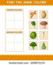 Finden Sie die gleichen Farben von Gemüse. Suche und Matching-Spiel. Erziehungsspiel für Kinder und Kleinkinder im Vorschulalter