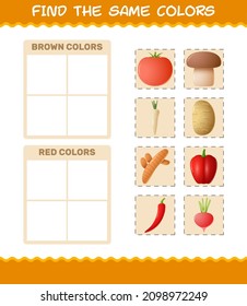 Find the same colors of vegetables. Searching and Matching game. Educational game for pre shool years kids and toddlers