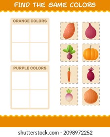 Find the same colors of vegetables. Searching and Matching game. Educational game for pre shool years kids and toddlers
