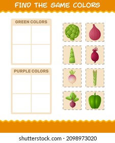 Find the same colors of vegetables. Searching and Matching game. Educational game for pre shool years kids and toddlers