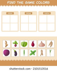 Find the same colors of vegetables. Searching and Matching game. Educational game for pre shool years kids and toddlers
