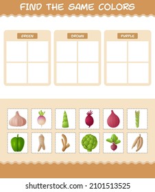 Find the same colors of vegetables. Searching and Matching game. Educational game for pre shool years kids and toddlers