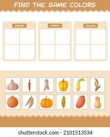 Find the same colors of vegetables. Searching and Matching game. Educational game for pre shool years kids and toddlers