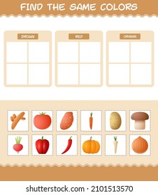 Find the same colors of vegetables. Searching and Matching game. Educational game for pre shool years kids and toddlers