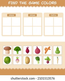 Find the same colors of vegetables. Searching and Matching game. Educational game for pre shool years kids and toddlers