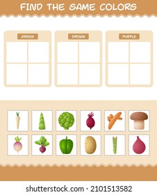 Find the same colors of vegetables. Searching and Matching game. Educational game for pre shool years kids and toddlers