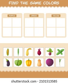 Find the same colors of vegetables. Searching and Matching game. Educational game for pre shool years kids and toddlers