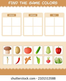 Find the same colors of vegetables. Searching and Matching game. Educational game for pre shool years kids and toddlers