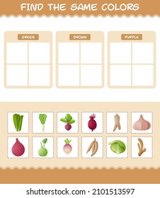 Find the same colors of vegetables. Searching and Matching game. Educational game for pre shool years kids and toddlers