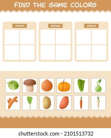 Finden Sie die gleichen Farben von Gemüse. Suche und Matching-Spiel. Erziehungsspiel für Kinder und Kleinkinder im Vorschulalter