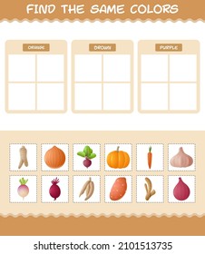 Find the same colors of vegetables. Searching and Matching game. Educational game for pre shool years kids and toddlers
