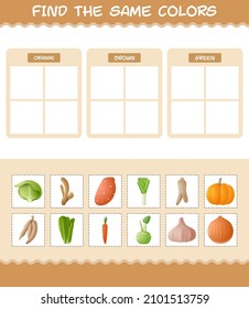 Find the same colors of vegetables. Searching and Matching game. Educational game for pre shool years kids and toddlers