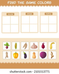 Find the same colors of vegetables. Searching and Matching game. Educational game for pre shool years kids and toddlers