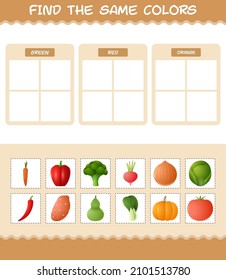 Find the same colors of vegetables. Searching and Matching game. Educational game for pre shool years kids and toddlers