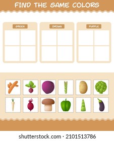 Find the same colors of vegetables. Searching and Matching game. Educational game for pre shool years kids and toddlers