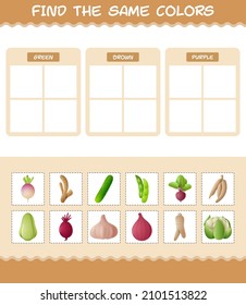 Find the same colors of vegetables. Searching and Matching game. Educational game for pre shool years kids and toddlers