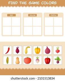 Find the same colors of vegetables. Searching and Matching game. Educational game for pre shool years kids and toddlers